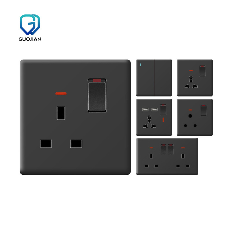 UK Standard Brushed Black Ultral-Thin 2gang 2 Way Switch Socket Indonesia Malaysia 13A Wall Switch