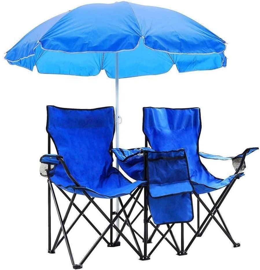 Portable Outdoor 2-Seat Folding Chair with Removable Sun Umbrella, Armchair Beach Chair Fishing Chair