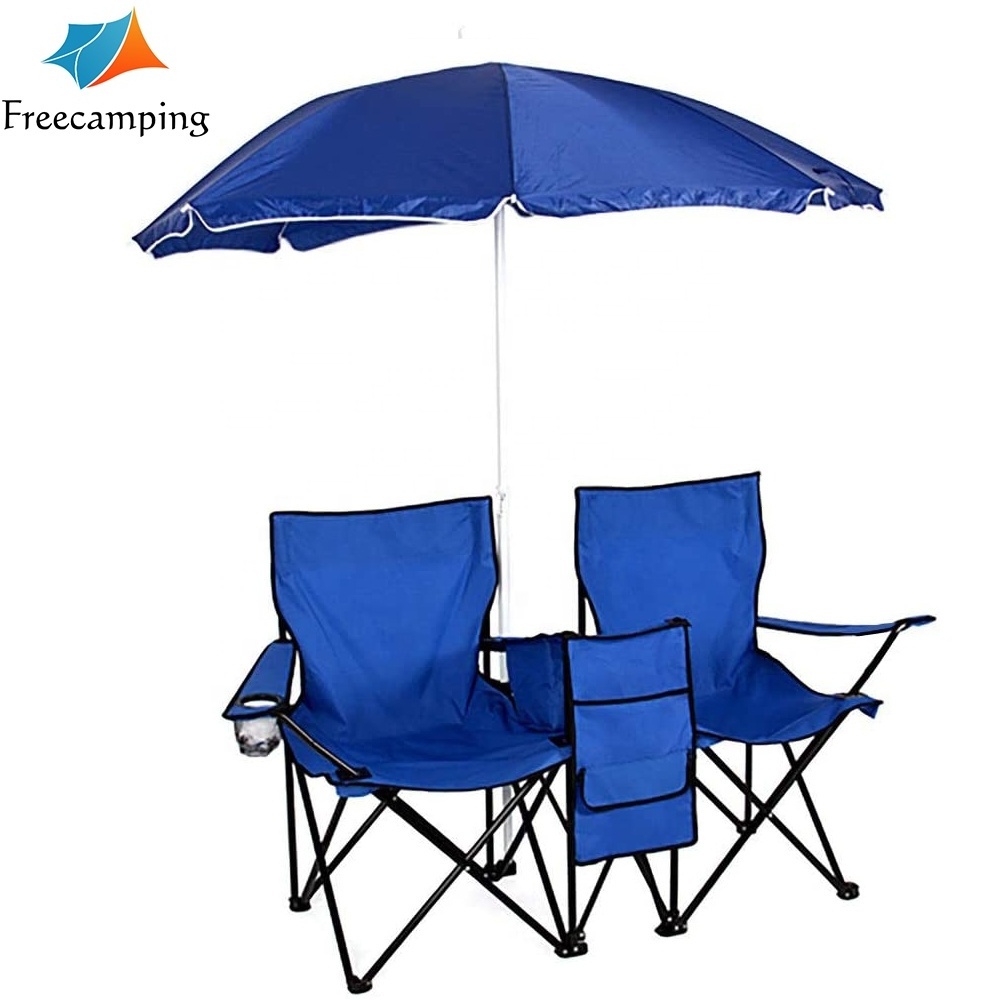 Portable Outdoor 2-Seat Folding Chair with Removable Sun Umbrella, Armchair Beach Chair Fishing Chair