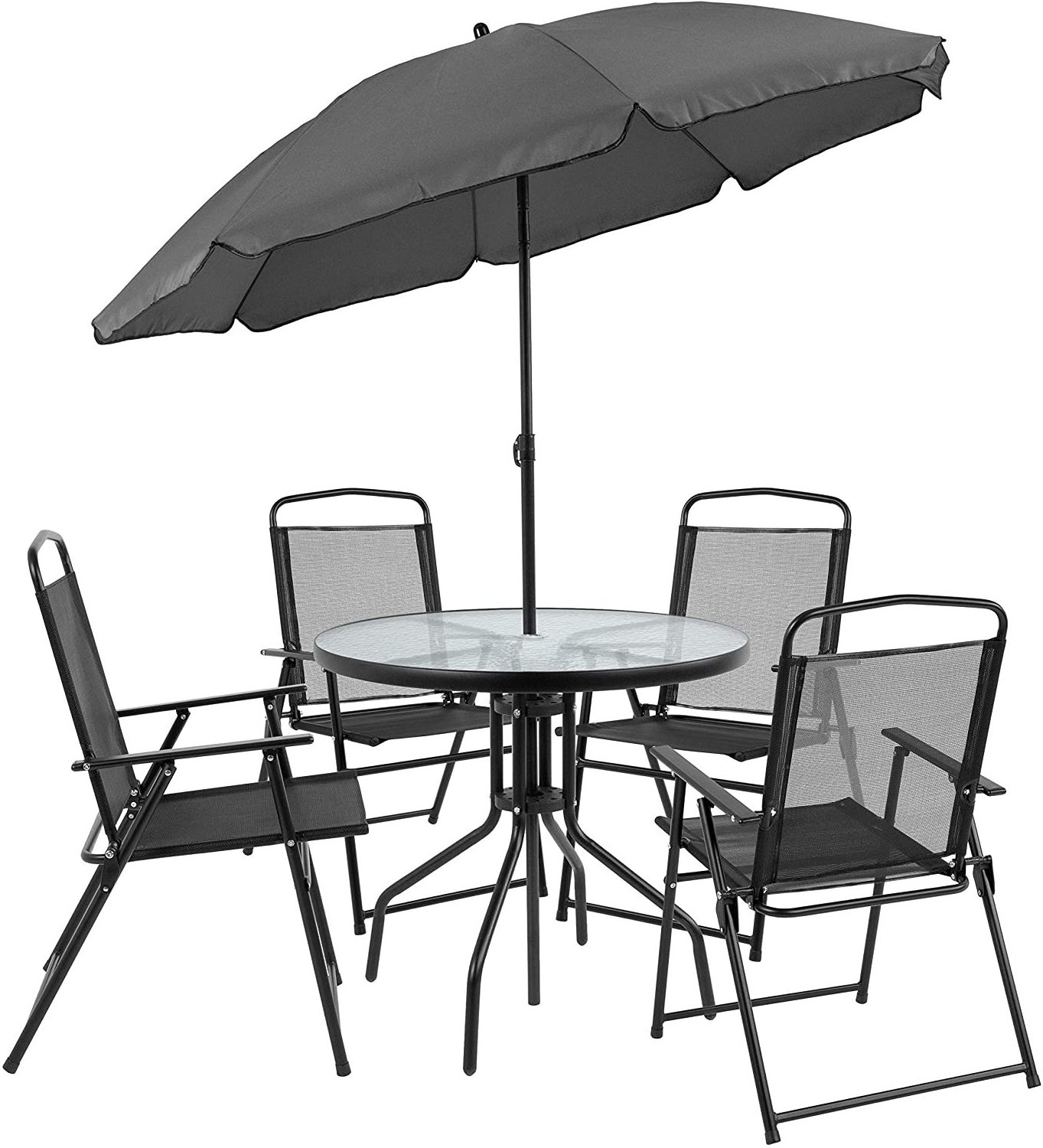 Furniture Nantucket 6 Piece Brown Patio Garden Set with Table, Tan Umbrella and 4 Folding Chairs