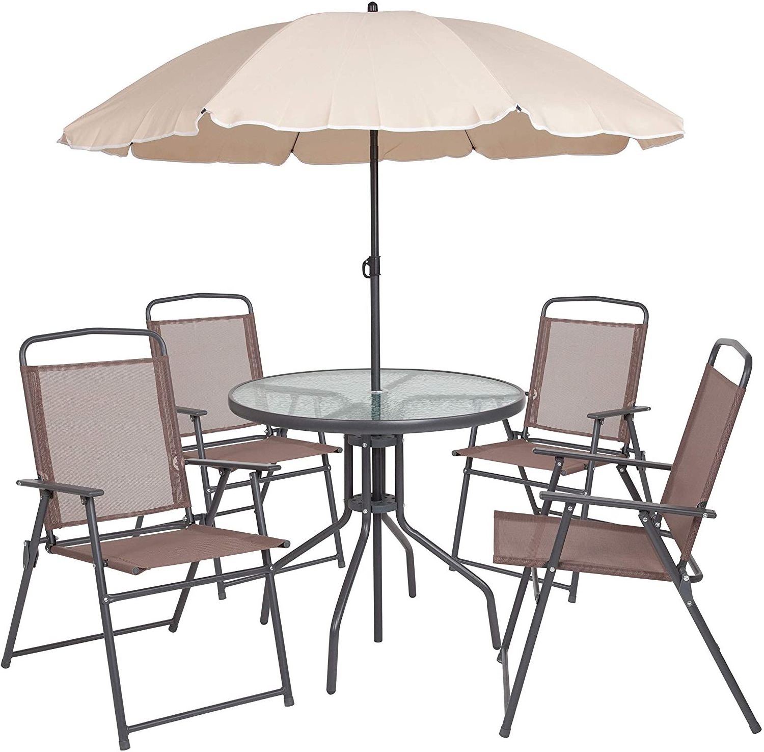 Furniture Nantucket 6 Piece Brown Patio Garden Set with Table, Tan Umbrella and 4 Folding Chairs