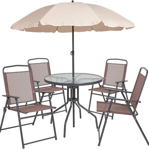 Furniture Nantucket 6 Piece Brown Patio Garden Set with Table, Tan Umbrella and 4 Folding Chairs