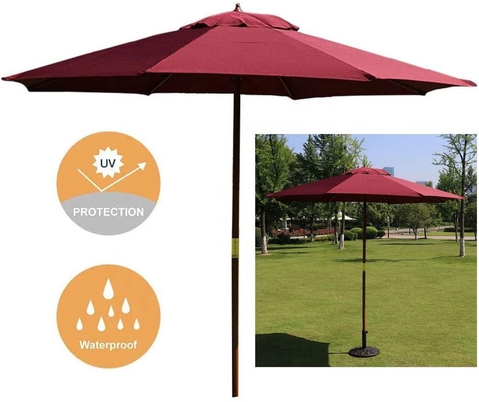 2.7m Wine Red Garden Parasol, Wood Pole Patio Umbrella Outdoor Market Table Umbrellas, Sun Shade for Lawn/Beach/Backyard/Deck