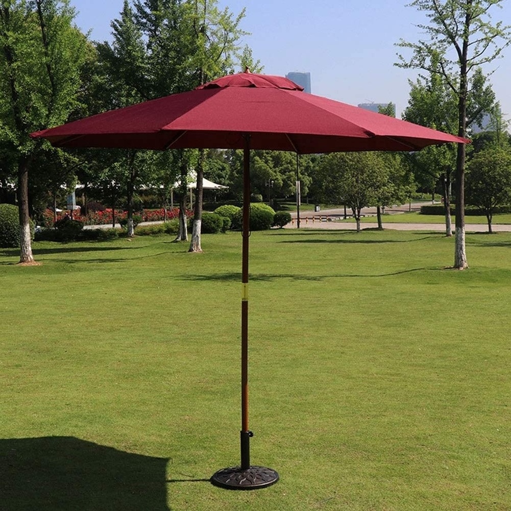 2.7m Wine Red Garden Parasol, Wood Pole Patio Umbrella Outdoor Market Table Umbrellas, Sun Shade for Lawn/Beach/Backyard/Deck