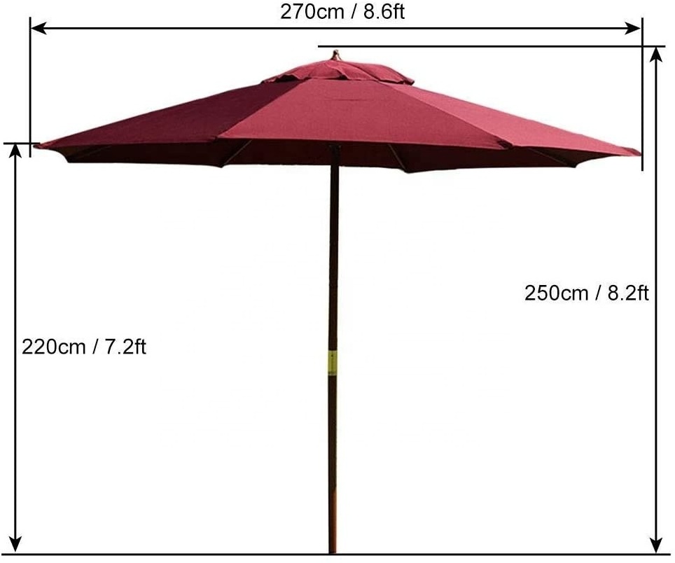 2.7m Wine Red Garden Parasol, Wood Pole Patio Umbrella Outdoor Market Table Umbrellas, Sun Shade for Lawn/Beach/Backyard/Deck