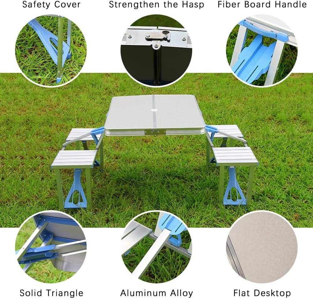 Portable Folding Joined Table and Chairs Set with Umbrella Hole for Outdoor Camping Barbecue Party Dining Picnic Trip Fishing