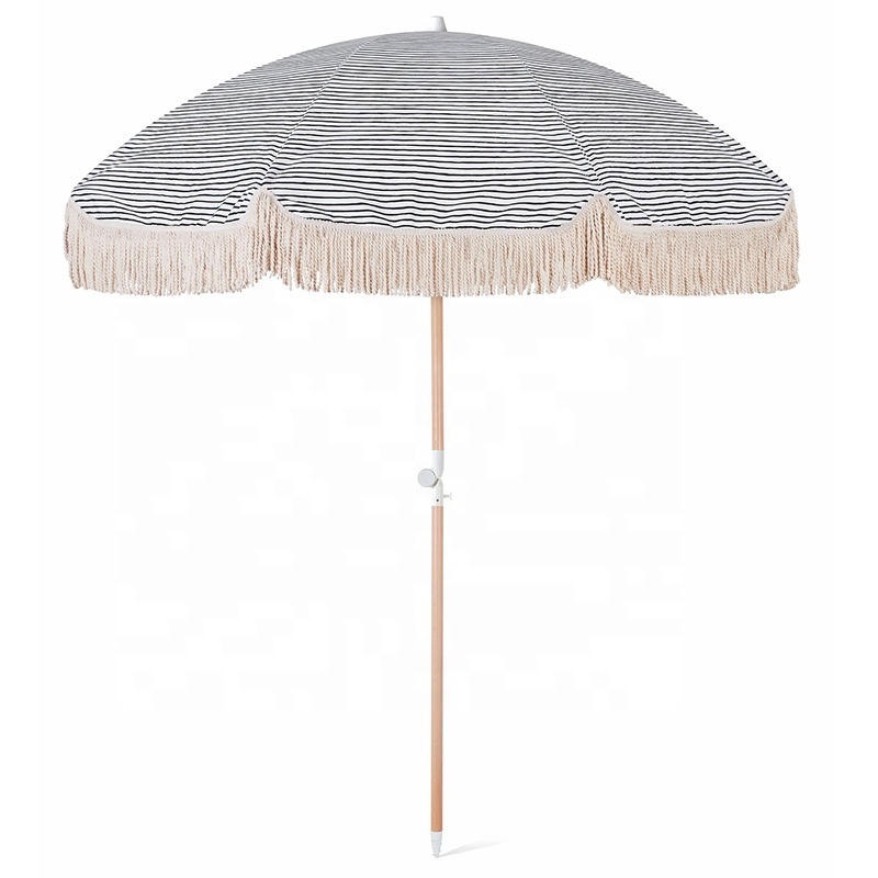 Outdoor Beach Umbrella for sand & UV Sun Protection with wooden pole cotton tassel Windproof & Portable Sport