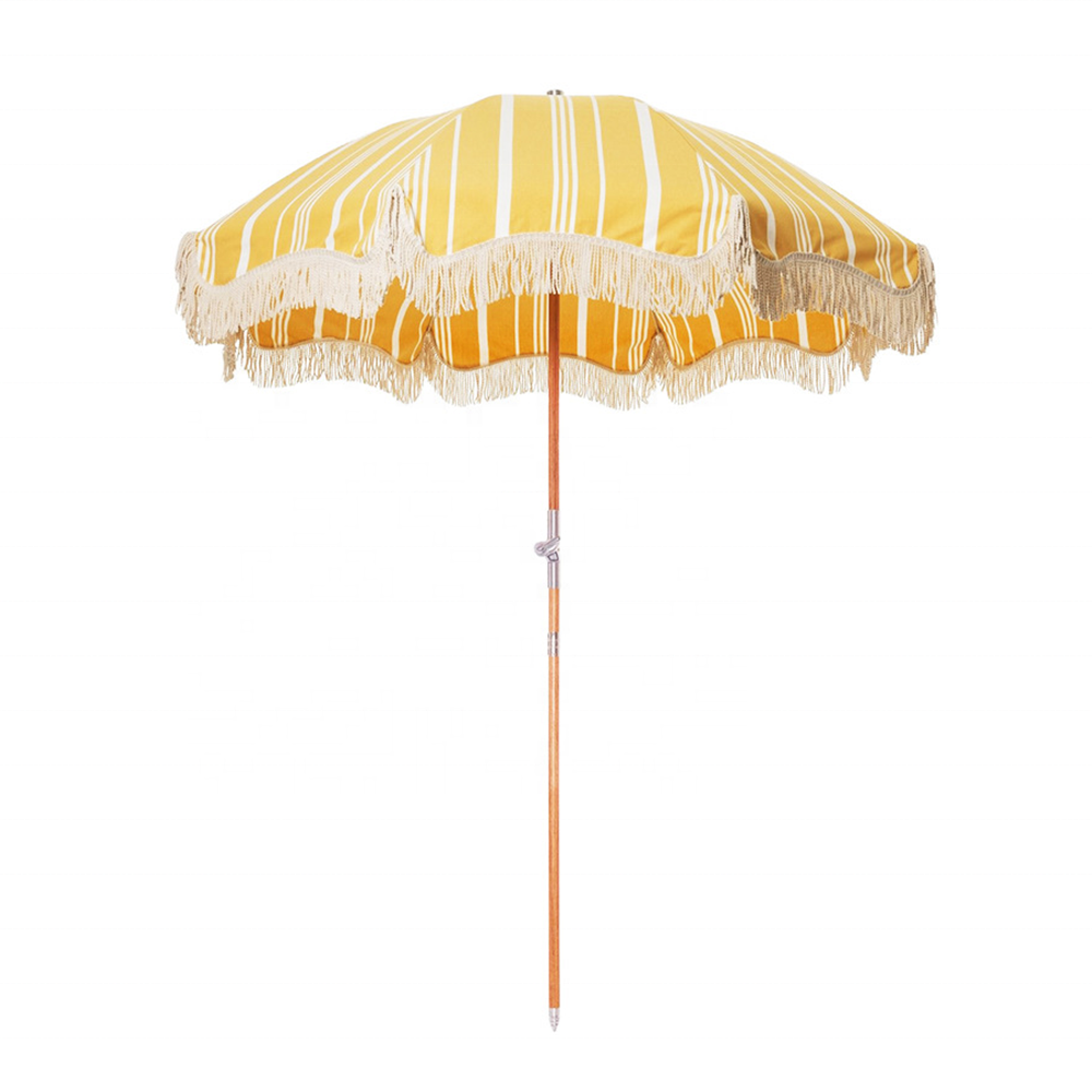 Outdoor Beach Umbrella for sand & UV Sun Protection with wooden pole cotton tassel Windproof & Portable Sport