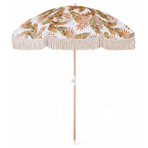 Outdoor Beach Umbrella for sand & UV Sun Protection with wooden pole cotton tassel Windproof & Portable Sport