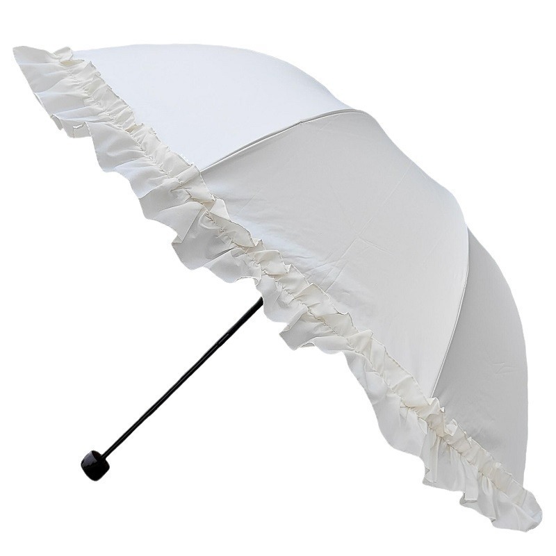 Beige white three-fold sun umbrella ruffled lace sunshade umbrella solid color fresh umbrella