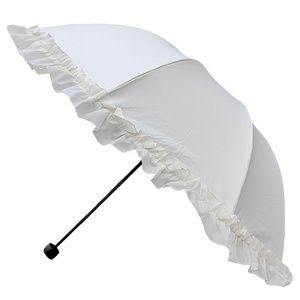 Beige white three-fold sun umbrella ruffled lace sunshade umbrella solid color fresh umbrella