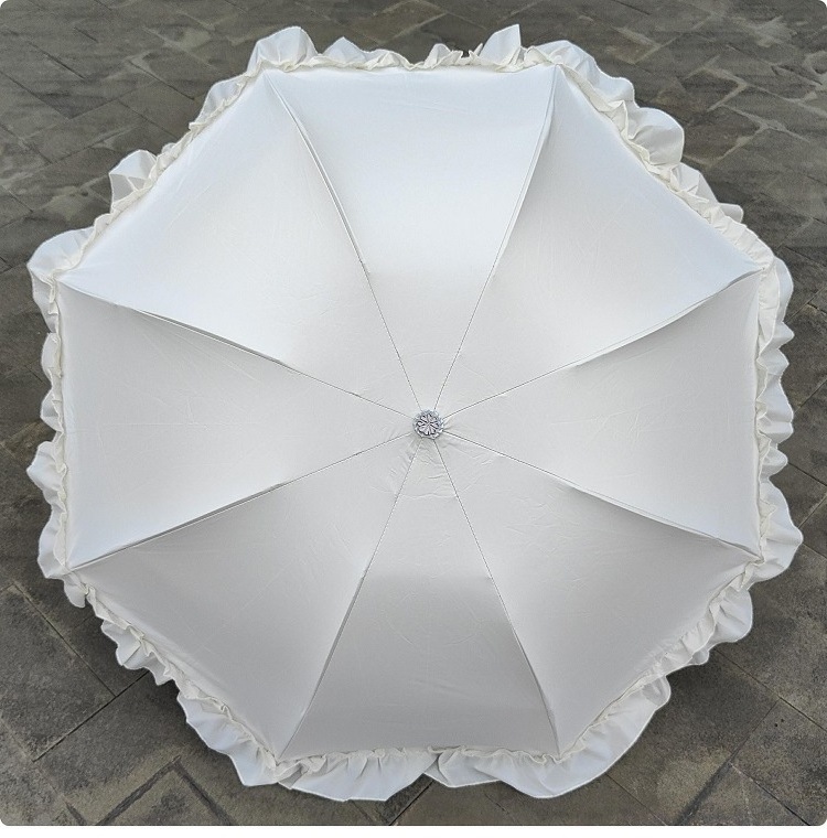 Beige white three-fold sun umbrella ruffled lace sunshade umbrella solid color fresh umbrella