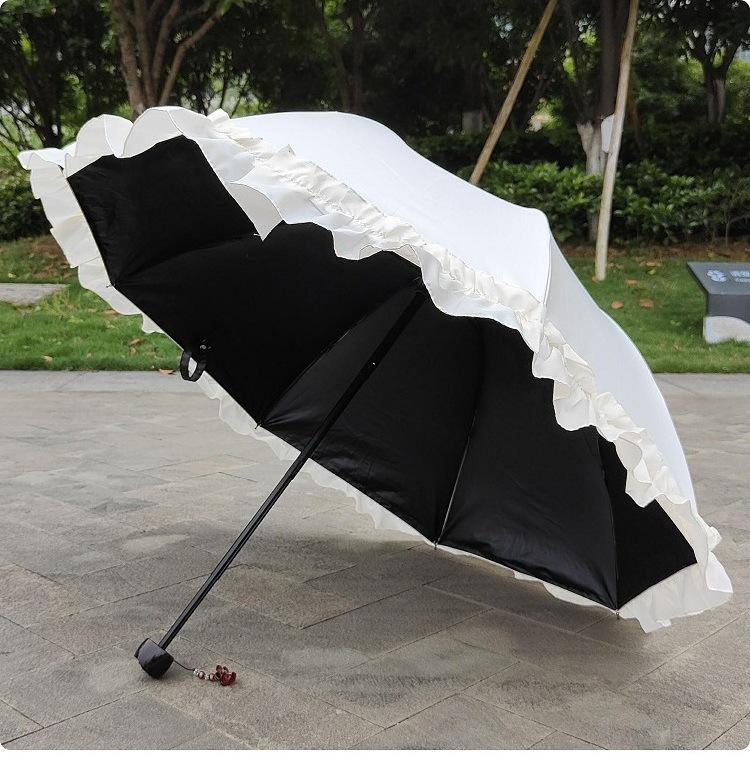 Beige white three-fold sun umbrella ruffled lace sunshade umbrella solid color fresh umbrella