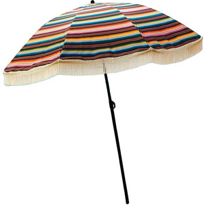 100% UV Protection Beach Umbrella For Sand-Windproof With Fringe,  Features Pointed Bottom Sand Anchor