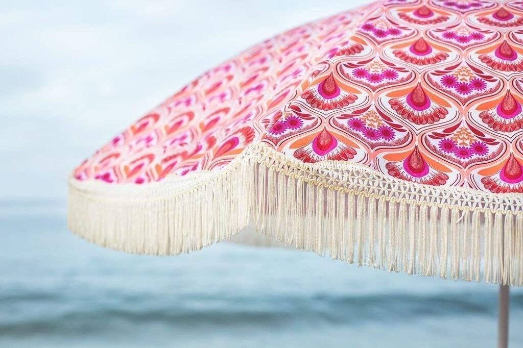 100% UV Protection Beach Umbrella For Sand-Windproof With Fringe,  Features Pointed Bottom Sand Anchor