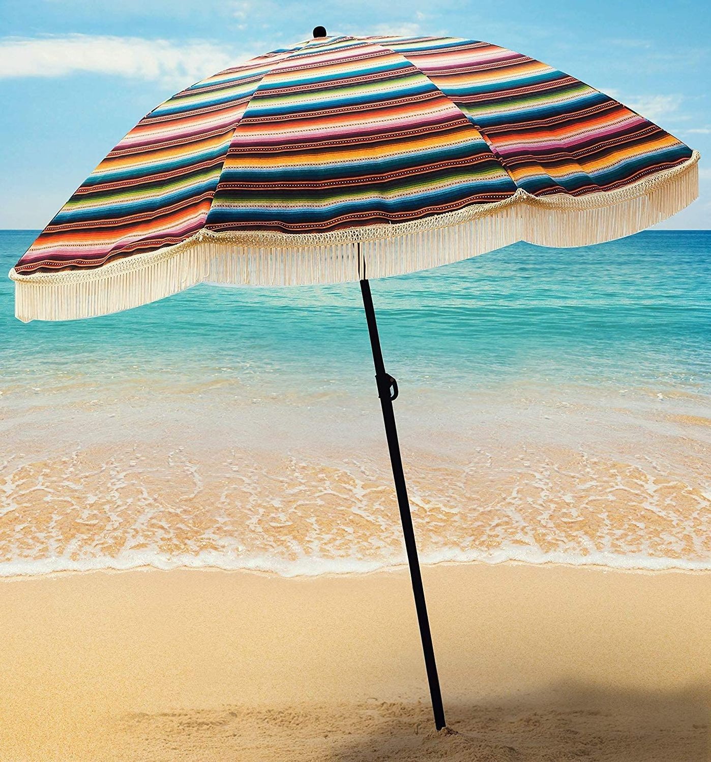 100% UV Protection Beach Umbrella For Sand-Windproof With Fringe,  Features Pointed Bottom Sand Anchor