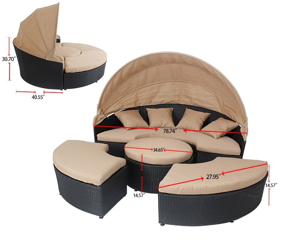 Patio Sectional round Daybed Rattan Outdoor Sofa Set with Retractable Canopy PE Wicker Bed Furniture with Detachable Cushion