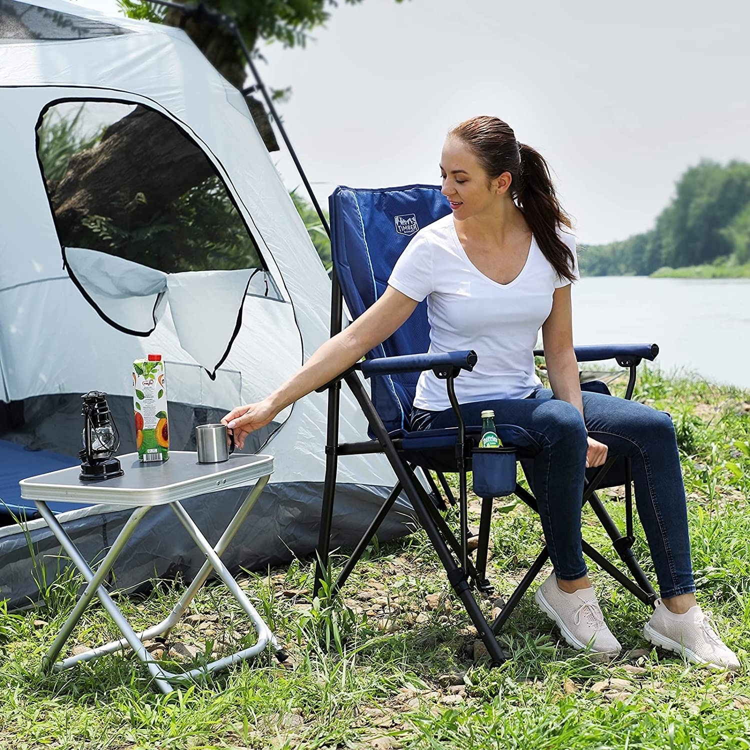 Oversized Folding Camping Chair High Back Heavy Duty for Adults Support up to 400lbs with Cup Holder Side Pocket