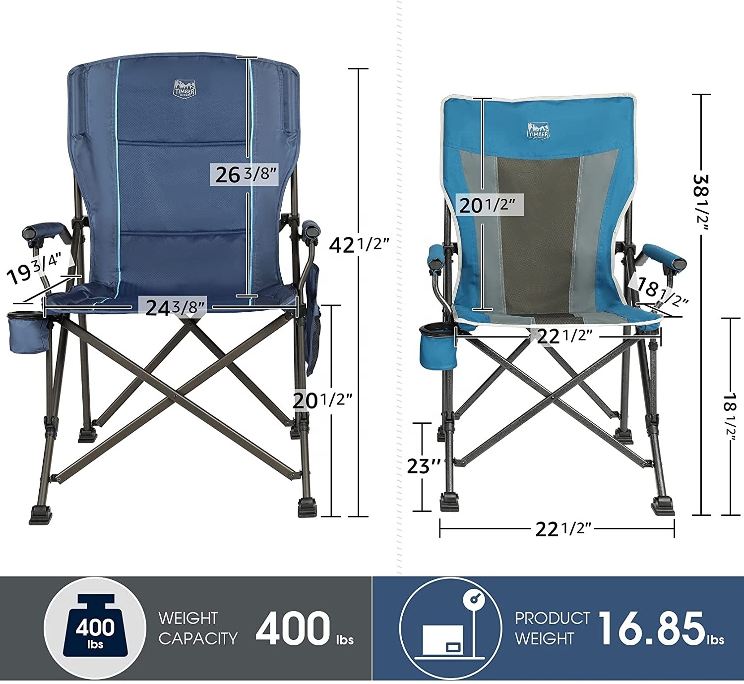 Oversized Folding Camping Chair High Back Heavy Duty for Adults Support up to 400lbs with Cup Holder Side Pocket