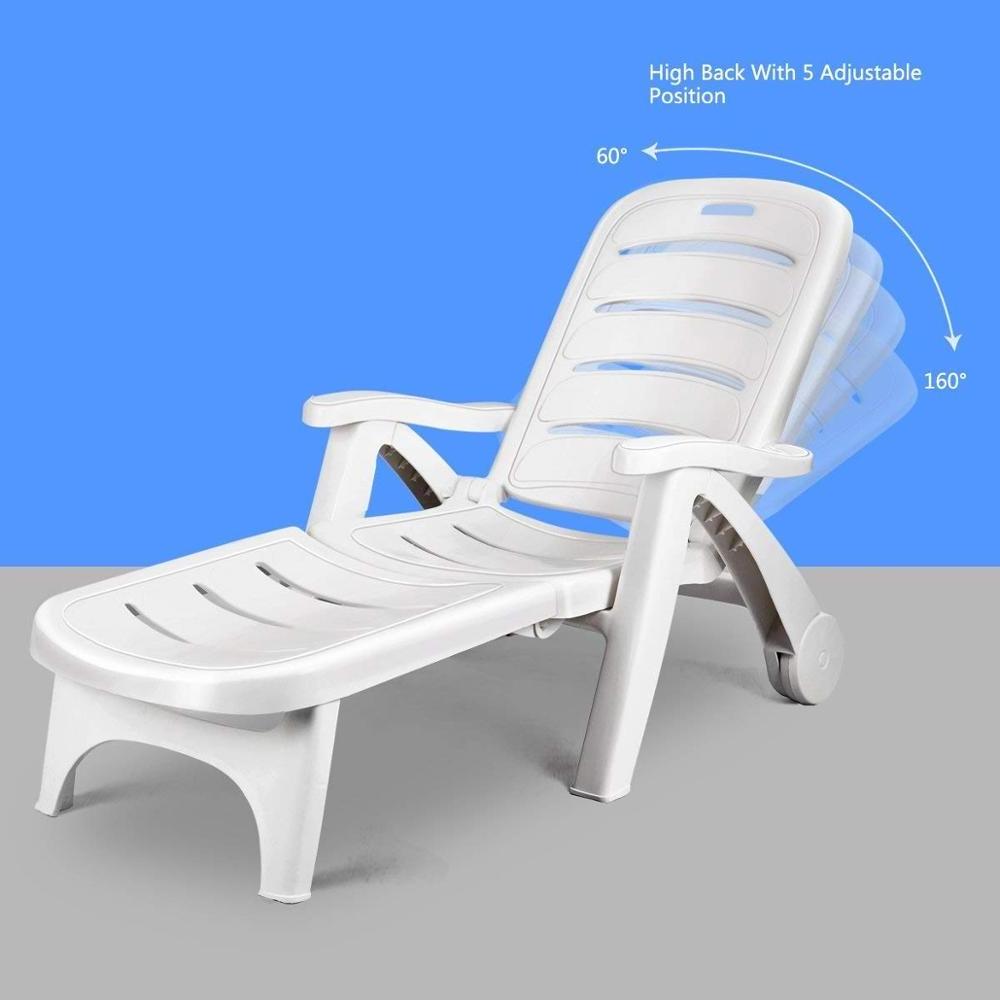 5 Position Adjustable Rolling Deck Chair Outdoor Patio Folding Lounger Armrests Pool Recliner w/Wheels 5 Position Reclining Bed