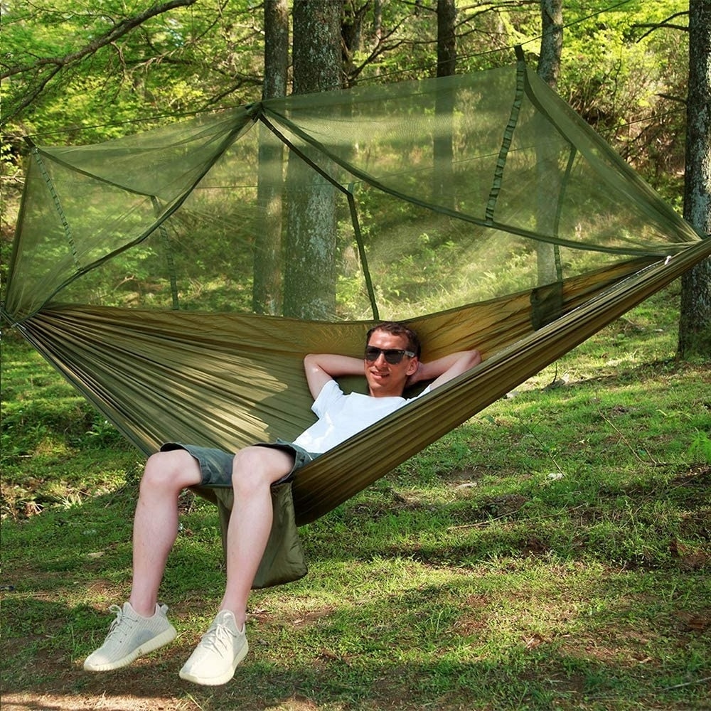 Outdoors Jungle Explorer Portable Double Camping Hammock with Removable Mosquito Bug Net and Tree Straps