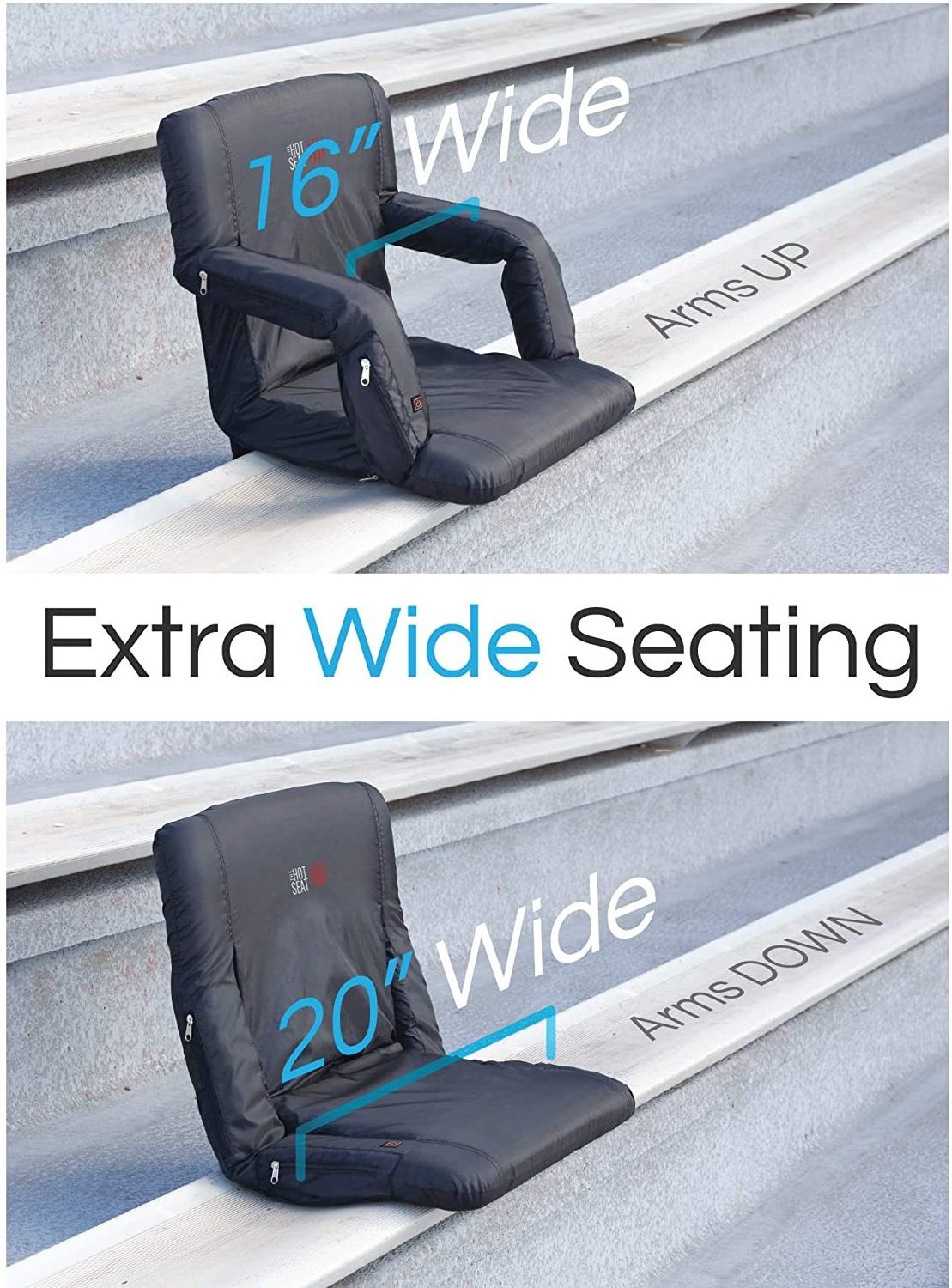 POP Design The Original Hot Seat, Portable Heated Stadium chair for Bleachers, Reclining Arm and Back Support, Thick Cushion