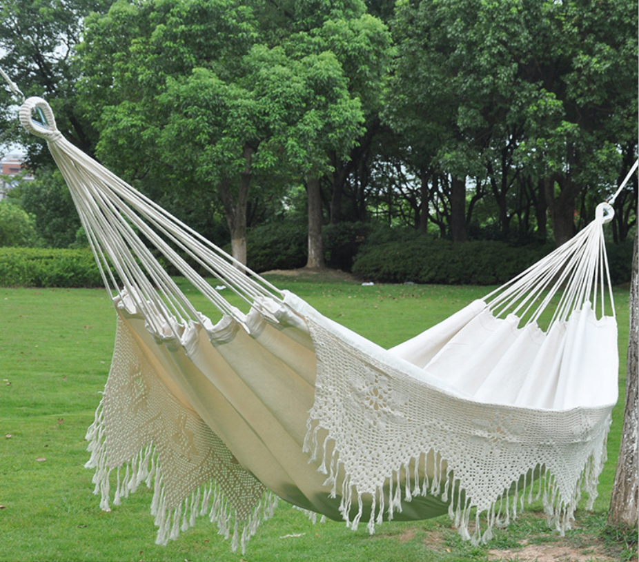 Hammock with tassel Cotton white Swing Outdoor Hanging Outside Patio, Garden camping tree