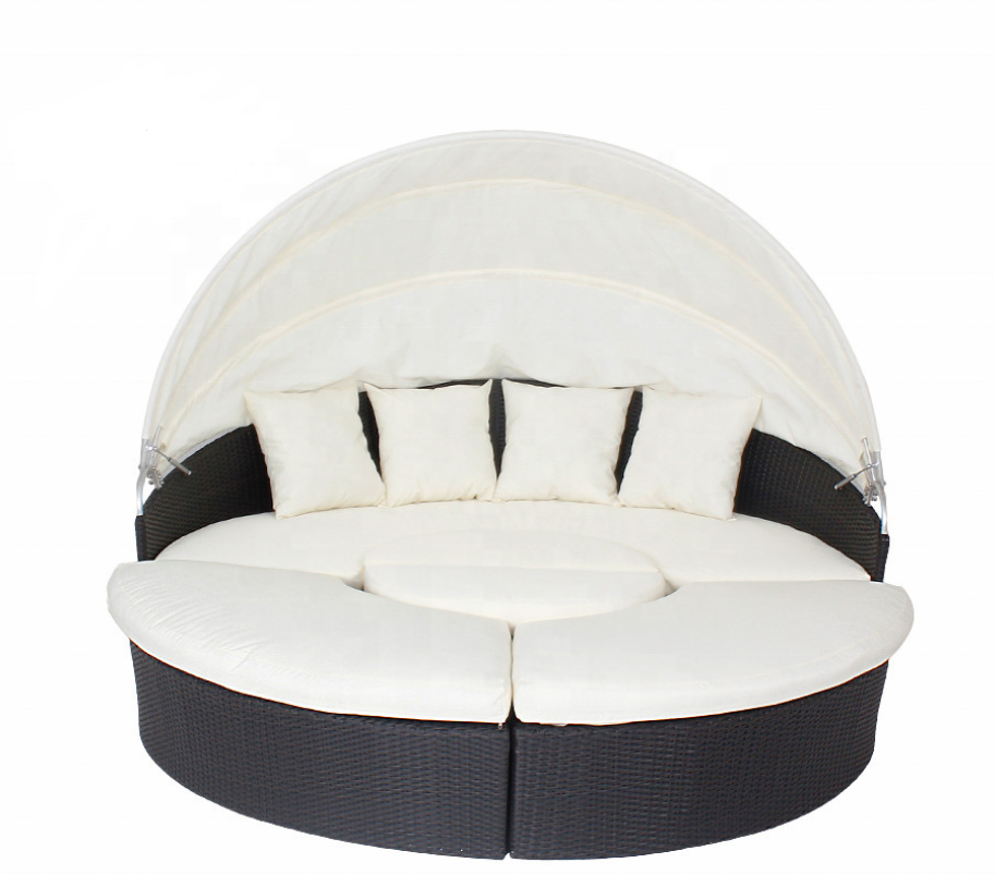 Patio Sectional round Daybed Rattan Outdoor Sofa Set with Retractable Canopy PE Wicker Bed Furniture with Detachable Cushion