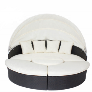 Patio Sectional round Daybed Rattan Outdoor Sofa Set with Retractable Canopy PE Wicker Bed Furniture with Detachable Cushion