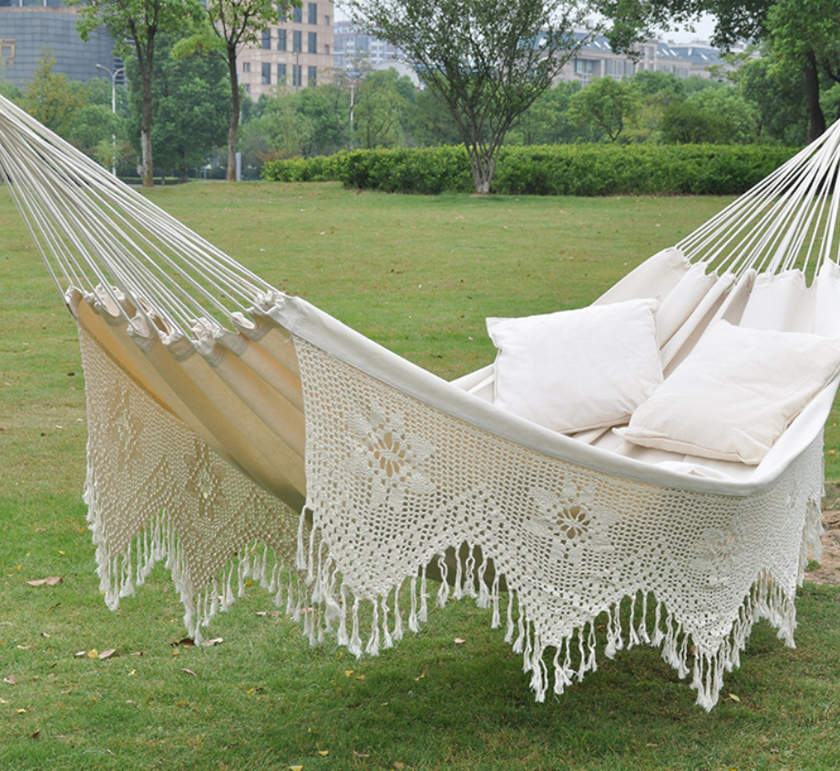 Hammock with tassel Cotton white Swing Outdoor Hanging Outside Patio, Garden camping tree