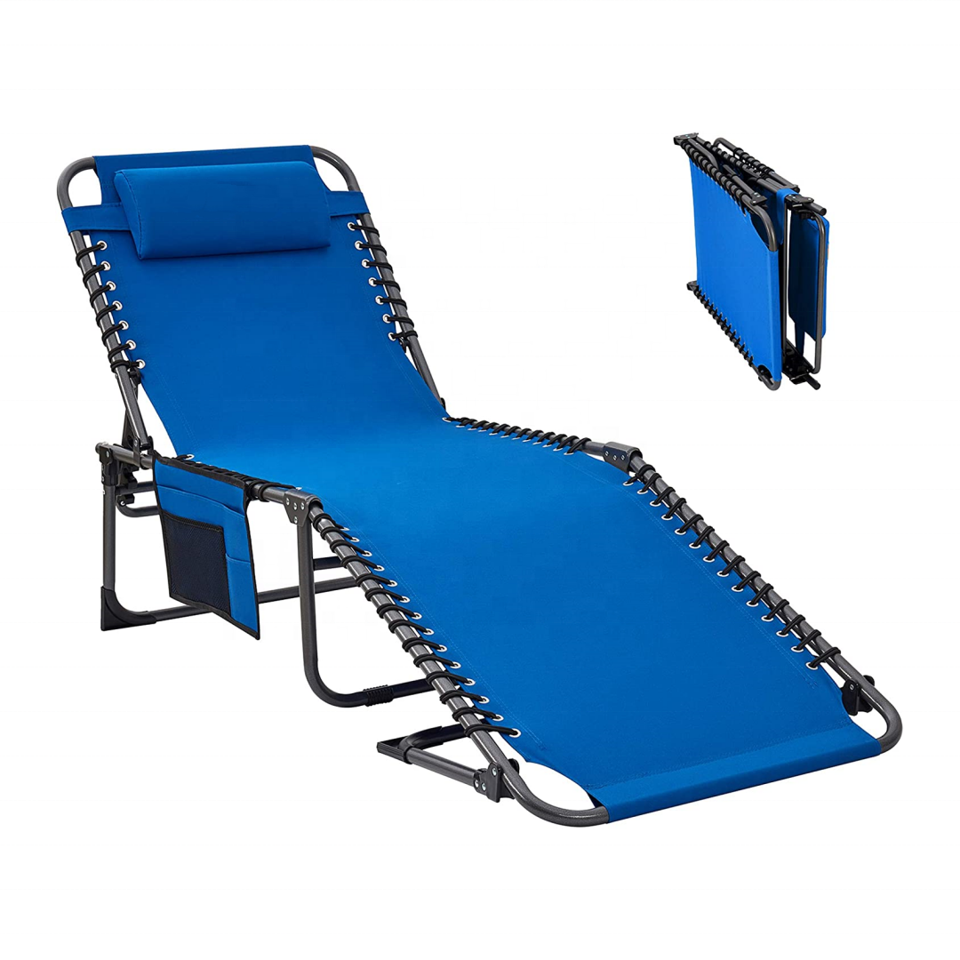 Adjustable 4-Position Patio Chaise Lounge Chair Heavy Duty Outdoor Camping Recliner Folding Cot with Pillow Pocket Sunbathing