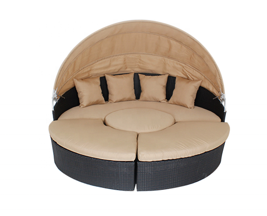 Patio Sectional round Daybed Rattan Outdoor Sofa Set with Retractable Canopy PE Wicker Bed Furniture with Detachable Cushion