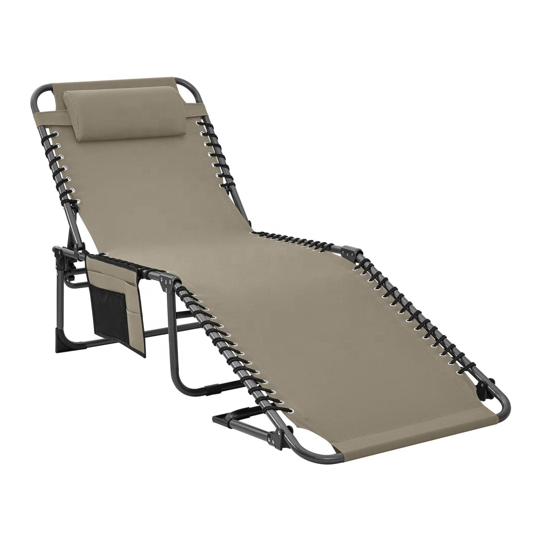 Adjustable 4-Position Patio Chaise Lounge Chair Heavy Duty Outdoor Camping Recliner Folding Cot with Pillow Pocket Sunbathing