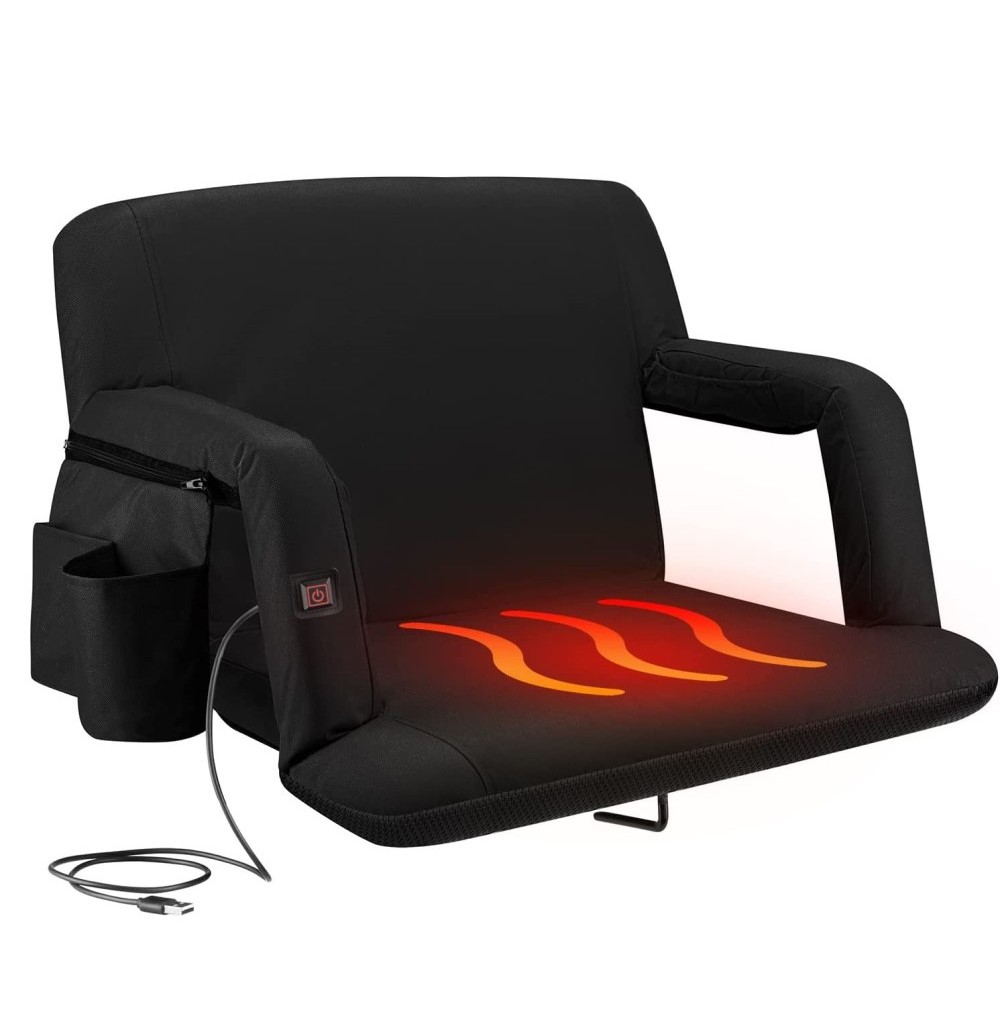 POP Design The Original Hot Seat, Portable Heated Stadium chair for Bleachers, Reclining Arm and Back Support, Thick Cushion