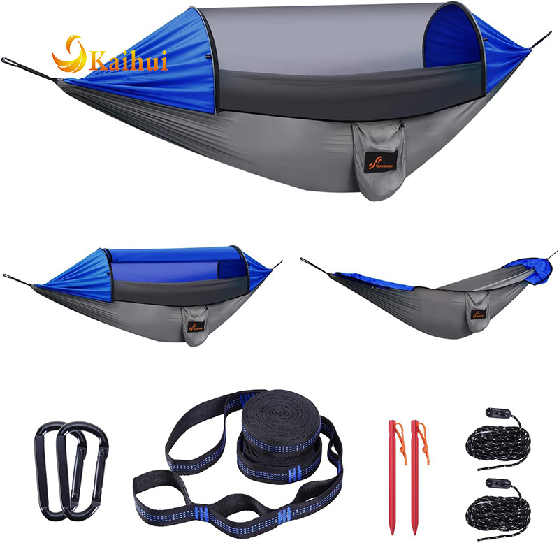 Camping Hammock with Mosquito NetLightweight Travel Hammock 2 Person with Shade Cloth 2 Wind Ropes & Ground Stakes