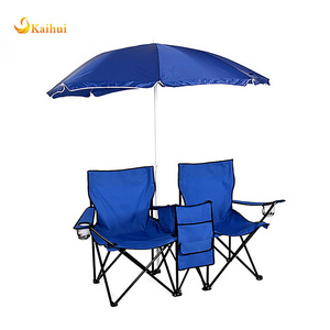 Double Folding Chair With Umbrella Table Cooler Fold Up Beach Camping Chair