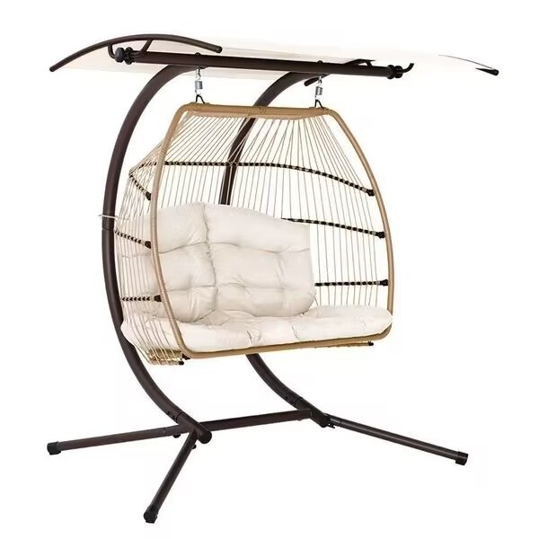 Double Person Outdoor Folding Swing Hanging Chair 2 Seaster Rattan Patio Egg Chair Wicker Garden Furniture