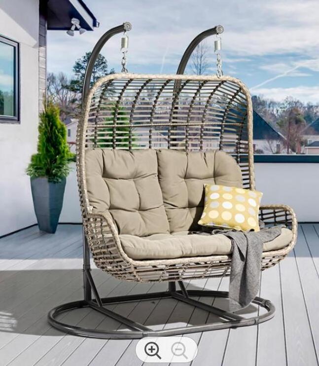 Double Person Outdoor Folding Swing Hanging Chair 2 Seaster Rattan Patio Egg Chair Wicker Garden Furniture