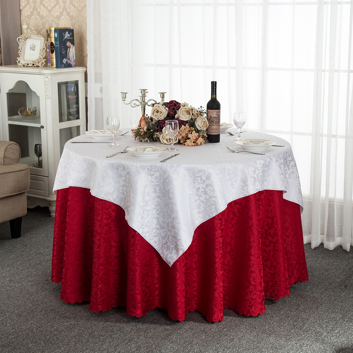 Best Sale Jacquard Table Decoration Covers Wedding Red Circle Round Table Cloth For Banquet Party Polyester Satin Tablecloth