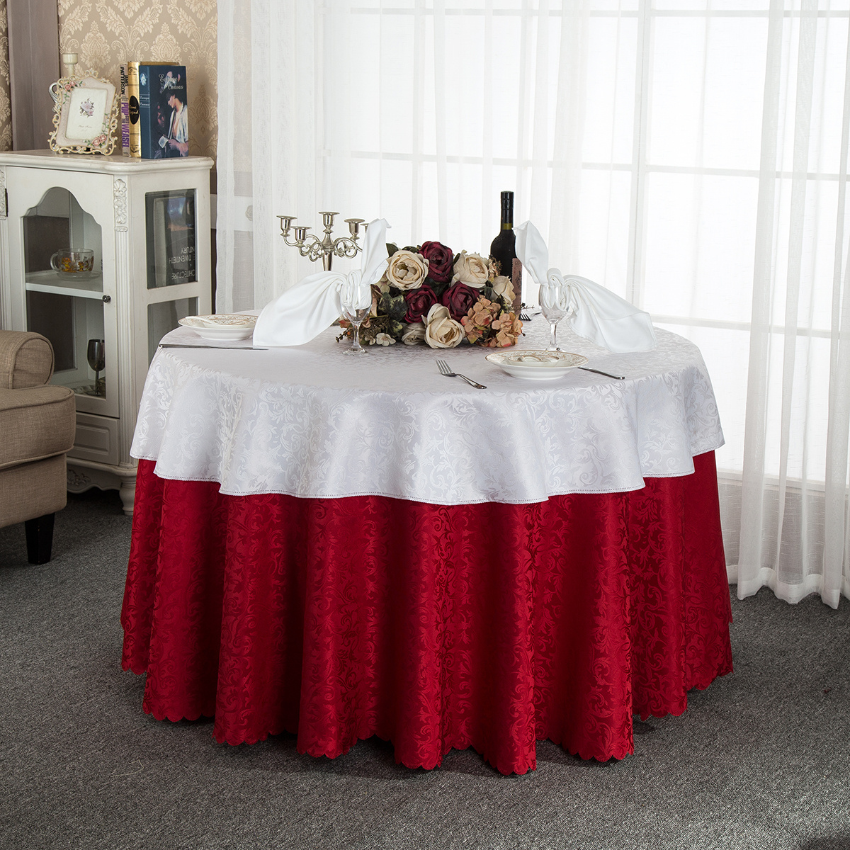 Best Sale Jacquard Table Decoration Covers Wedding Red Circle Round Table Cloth For Banquet Party Polyester Satin Tablecloth