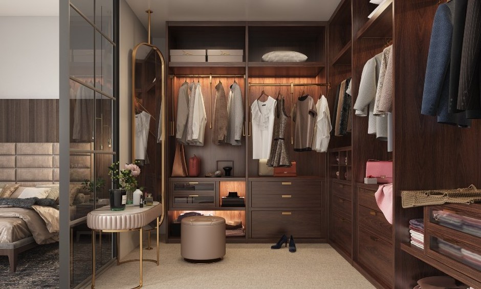 Skyline Luxury Solid Wood Wardrobe with Embedded LED lights and Adjustable hanger and 360 degree mirror