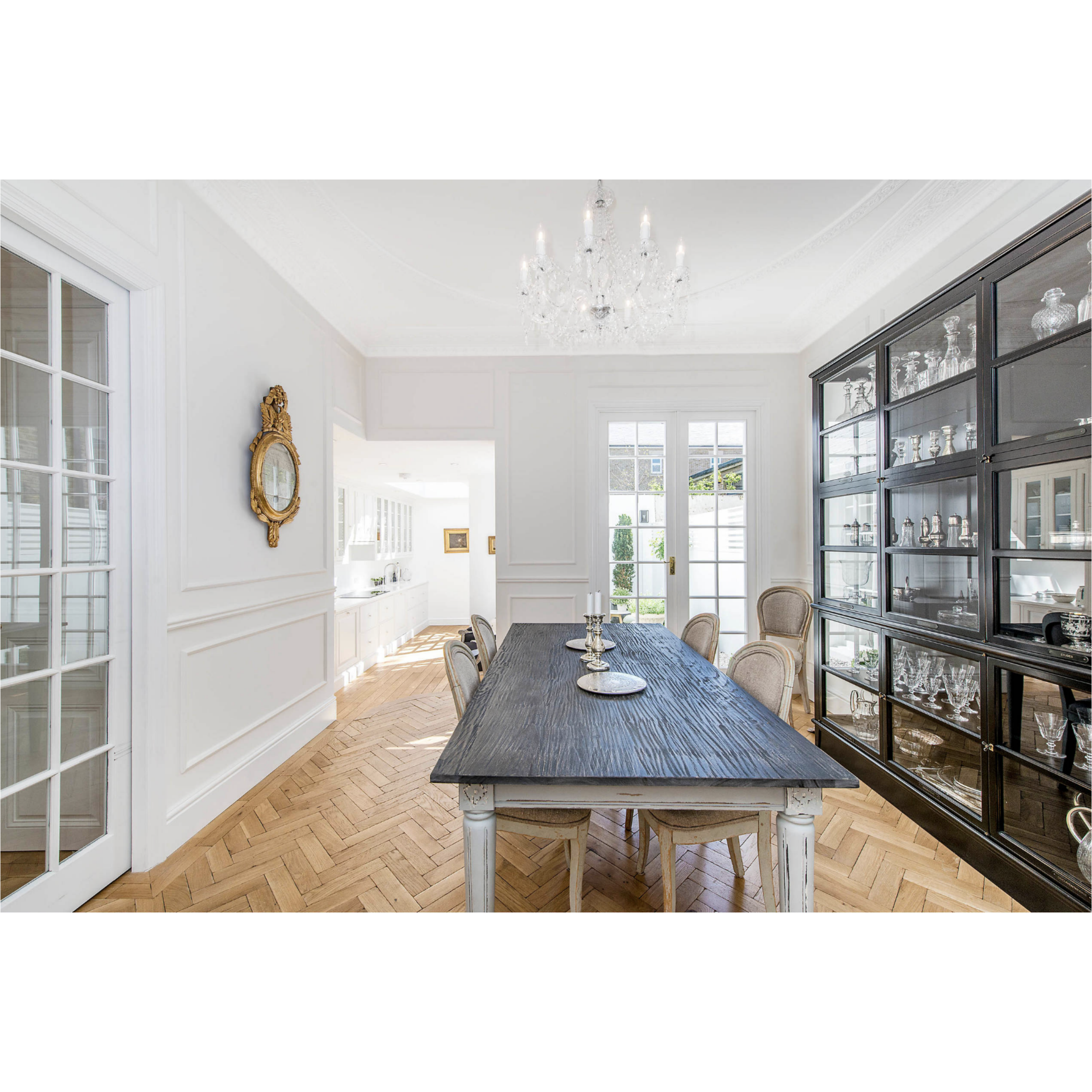 2023 Skyline classical white Kitchen cabinet with Huge glass door pantry and wooden dining table