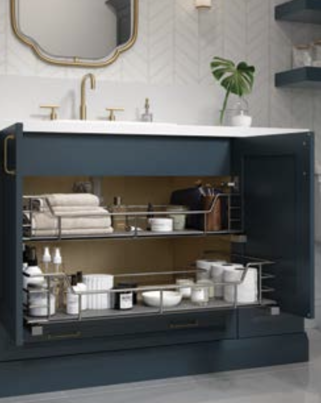 2023 Skyline American Antique Style Navy Blue Bathroom Vanity with Brass handles and Brass faucet and Copper frame mirror