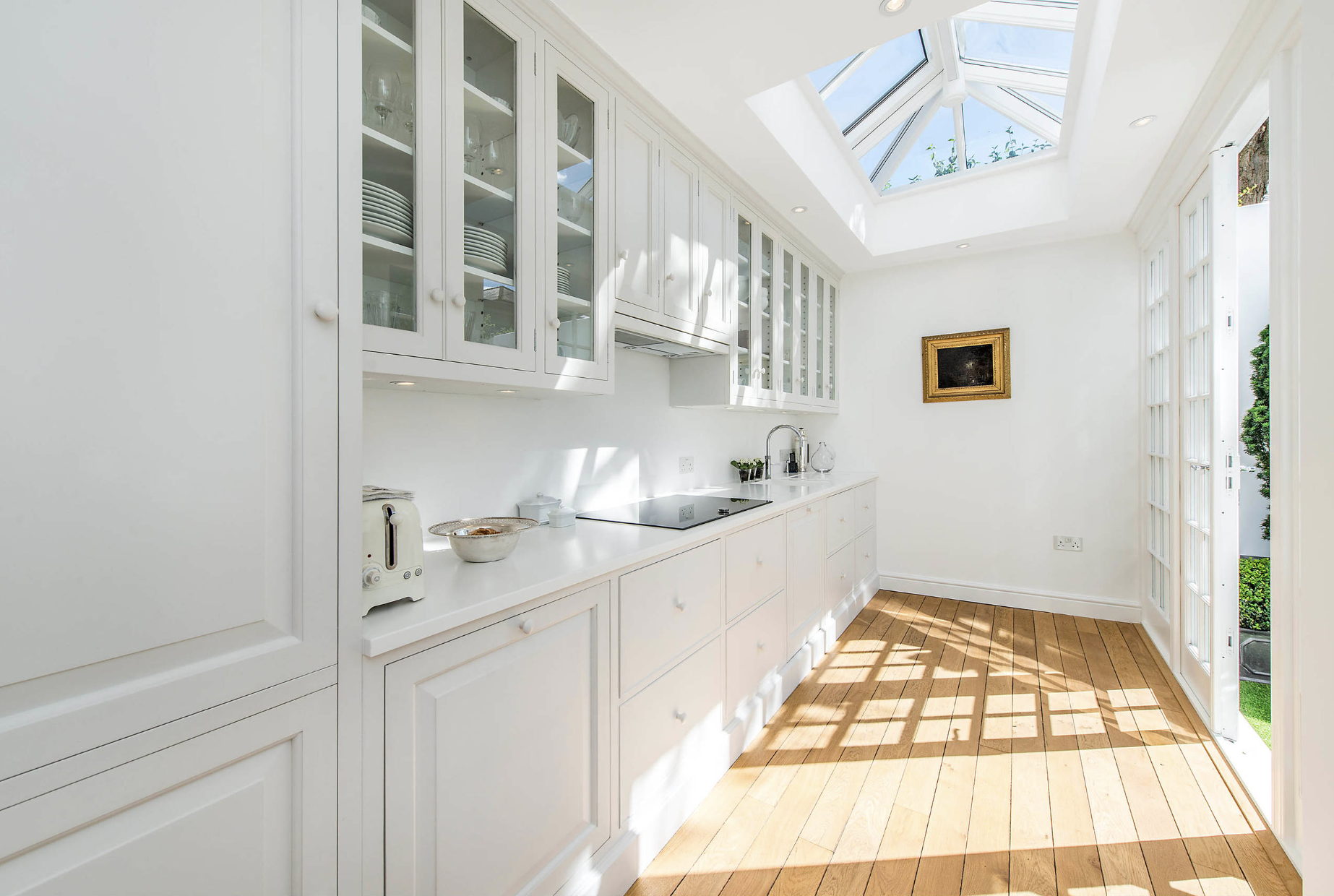 2023 Skyline classical white Kitchen cabinet with Huge glass door pantry and wooden dining table