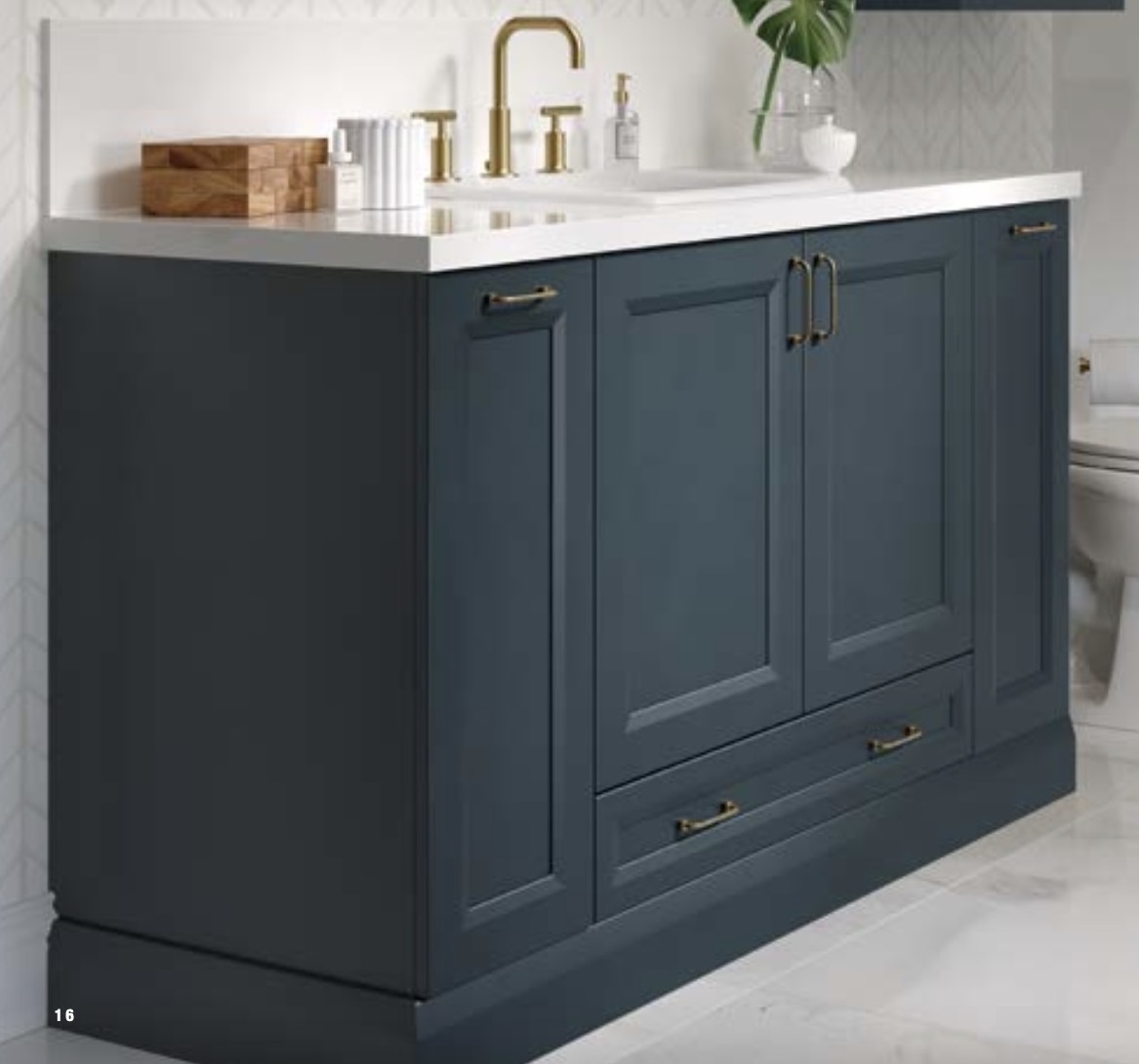 2023 Skyline American Antique Style Navy Blue Bathroom Vanity with Brass handles and Brass faucet and Copper frame mirror