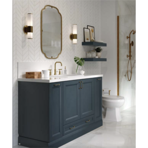 2023 Skyline American Antique Style Navy Blue Bathroom Vanity with Brass handles and Brass faucet and Copper frame mirror