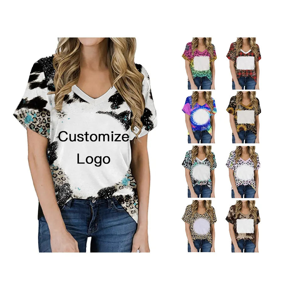 Bleached sublimation V Neck Bleach T-shirt 100% polyester Short Sleeves Women's Sublimation faux Bleached Shirts