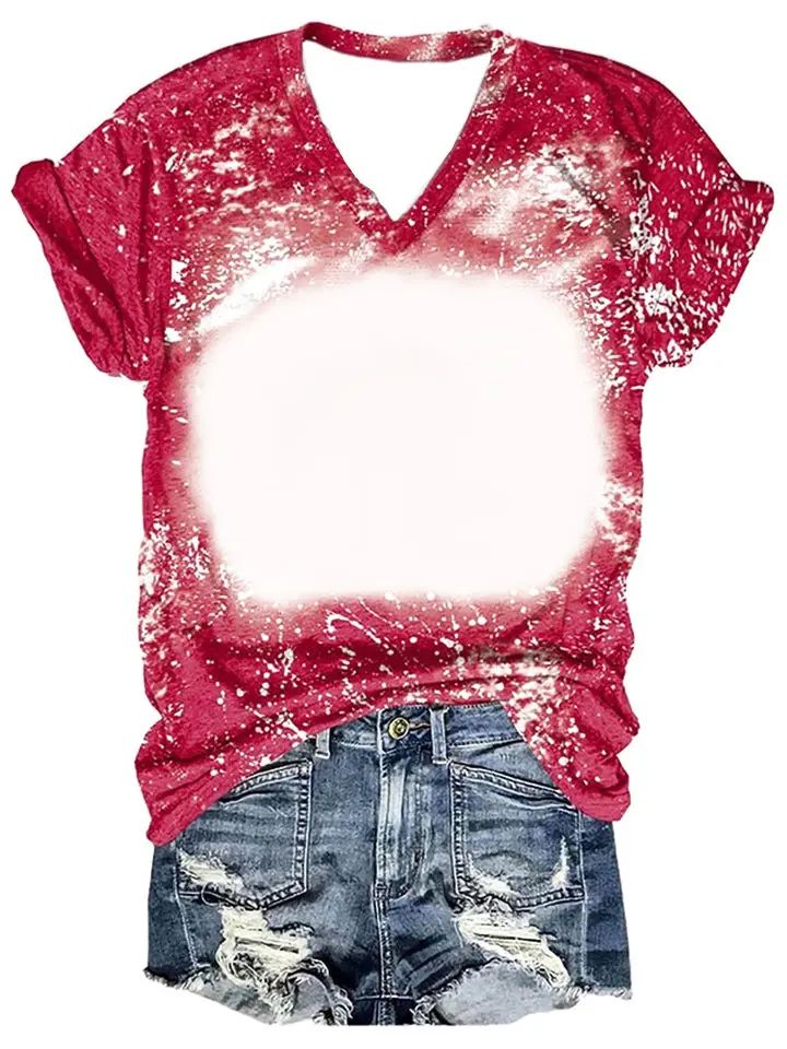 Bleached sublimation V Neck Bleach T-shirt 100% polyester Short Sleeves Women's Sublimation faux Bleached Shirts