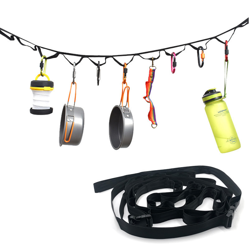 Outdoor lanyard tent storage belt with camping clothesline lanyard with 19 hook hangers