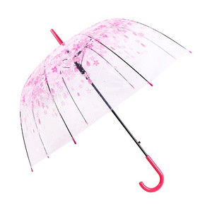 Wholesale Kids Straight Handle Clears Arch Cherry Blossom Umbrella Transparent OEM Cheap Advertising Travel  Umbrella